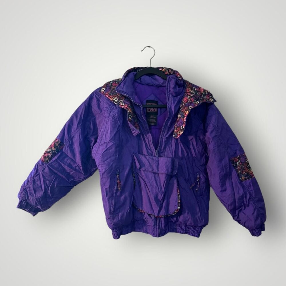 Vintage Freeze Frame Purple Puffer Jacket Kids Size M Floral Embroidery 90s Ski